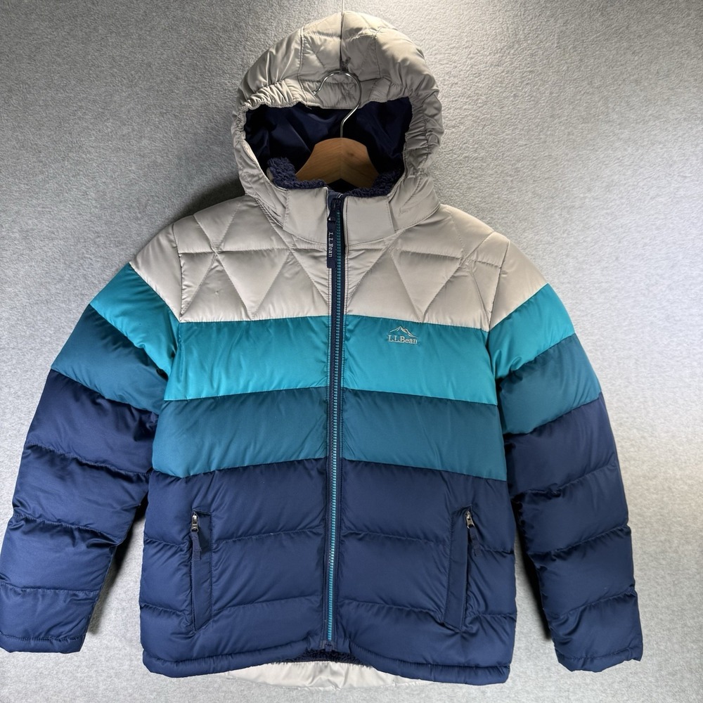 LL Bean Jacket Kids Downtek Medium 10-12 Blue Colorblock Hooded Puffer
